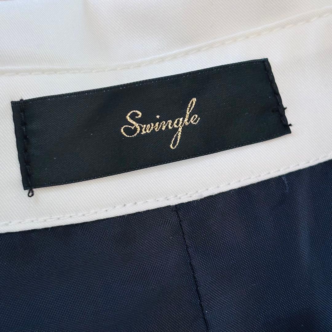 完売Swingle バイカラー衿パイピングタックフレアシャツワンピース ネイビー