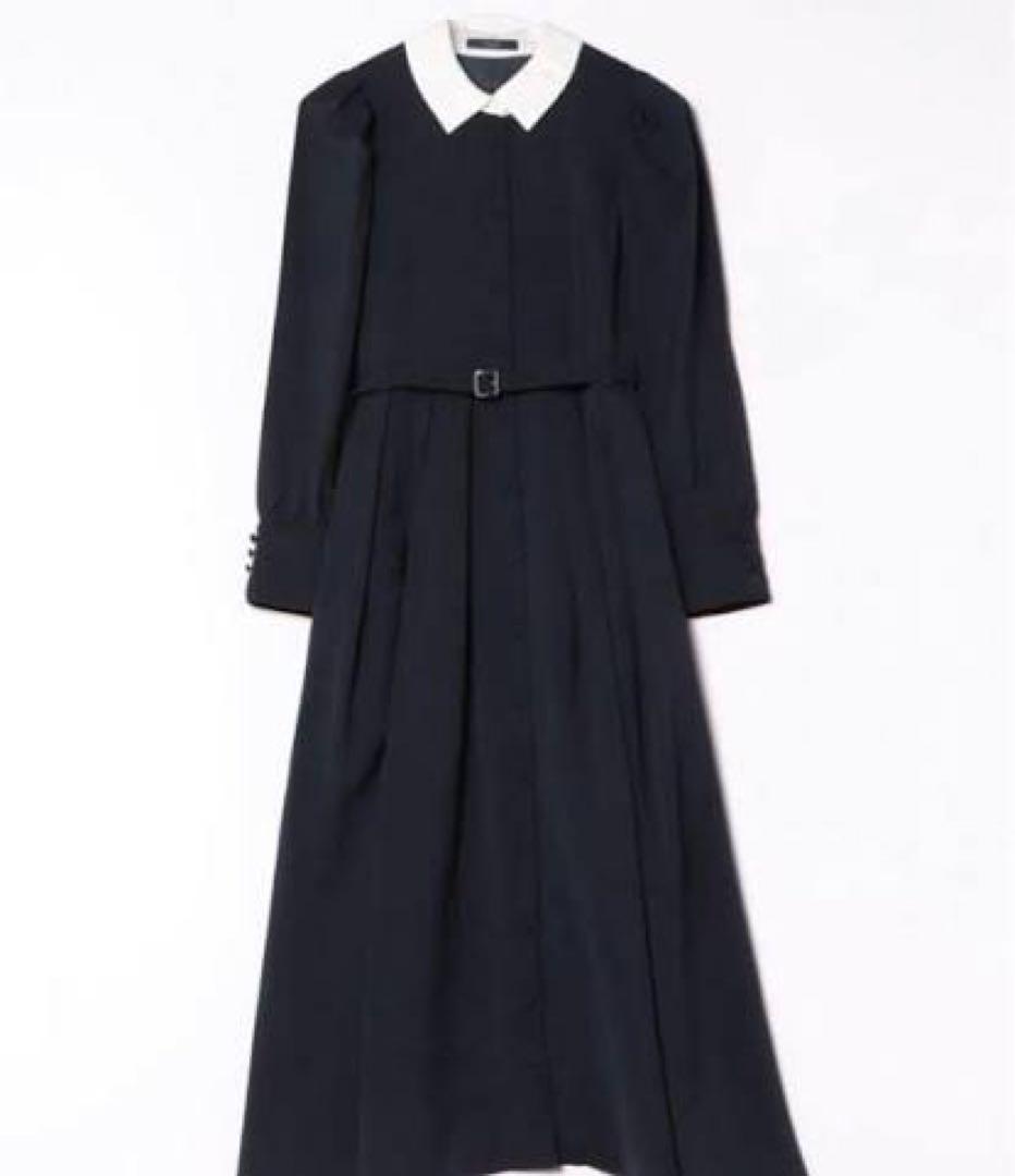 完売Swingle バイカラー衿パイピングタックフレアシャツワンピース ネイビー