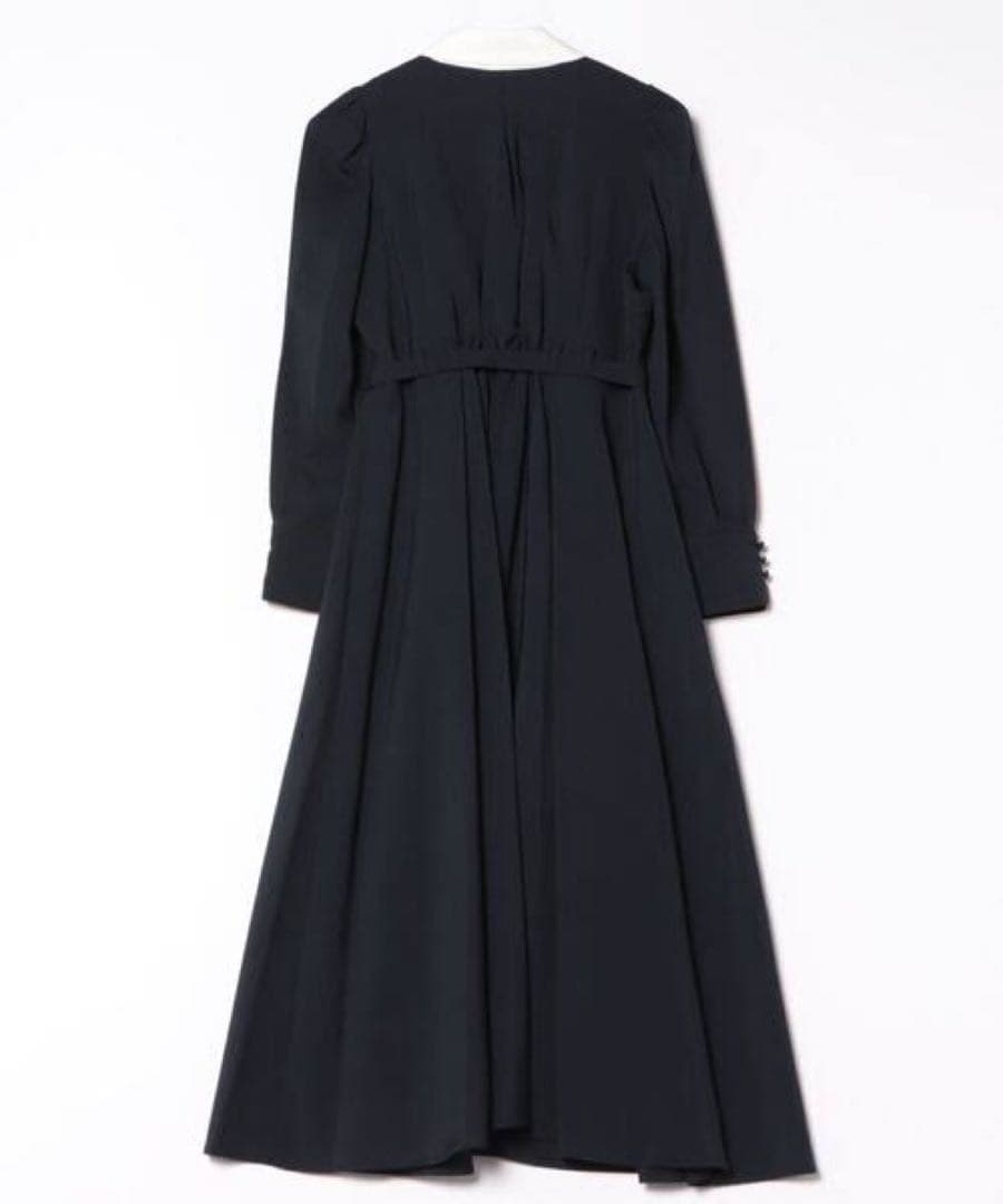 完売Swingle バイカラー衿パイピングタックフレアシャツワンピース ネイビー