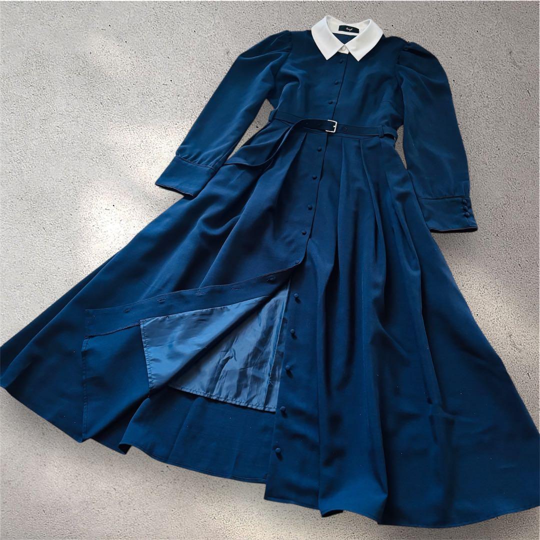 完売Swingle バイカラー衿パイピングタックフレアシャツワンピース ネイビー