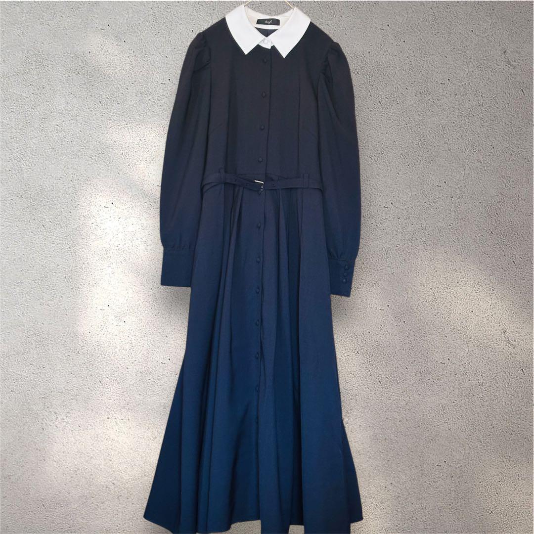 完売Swingle バイカラー衿パイピングタックフレアシャツワンピース ネイビー