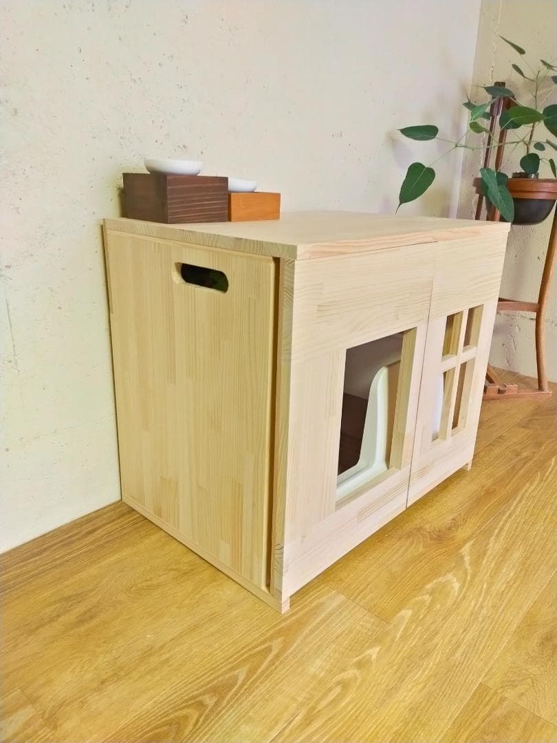 デオトイレ快適ワイドにぴったりな猫トイレカバー　ストッカー付き　(無塗装)