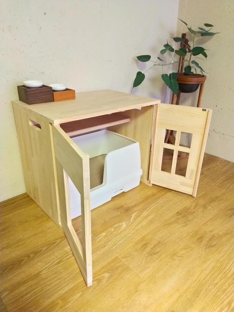 デオトイレ快適ワイドにぴったりな猫トイレカバー　ストッカー付き　(無塗装)