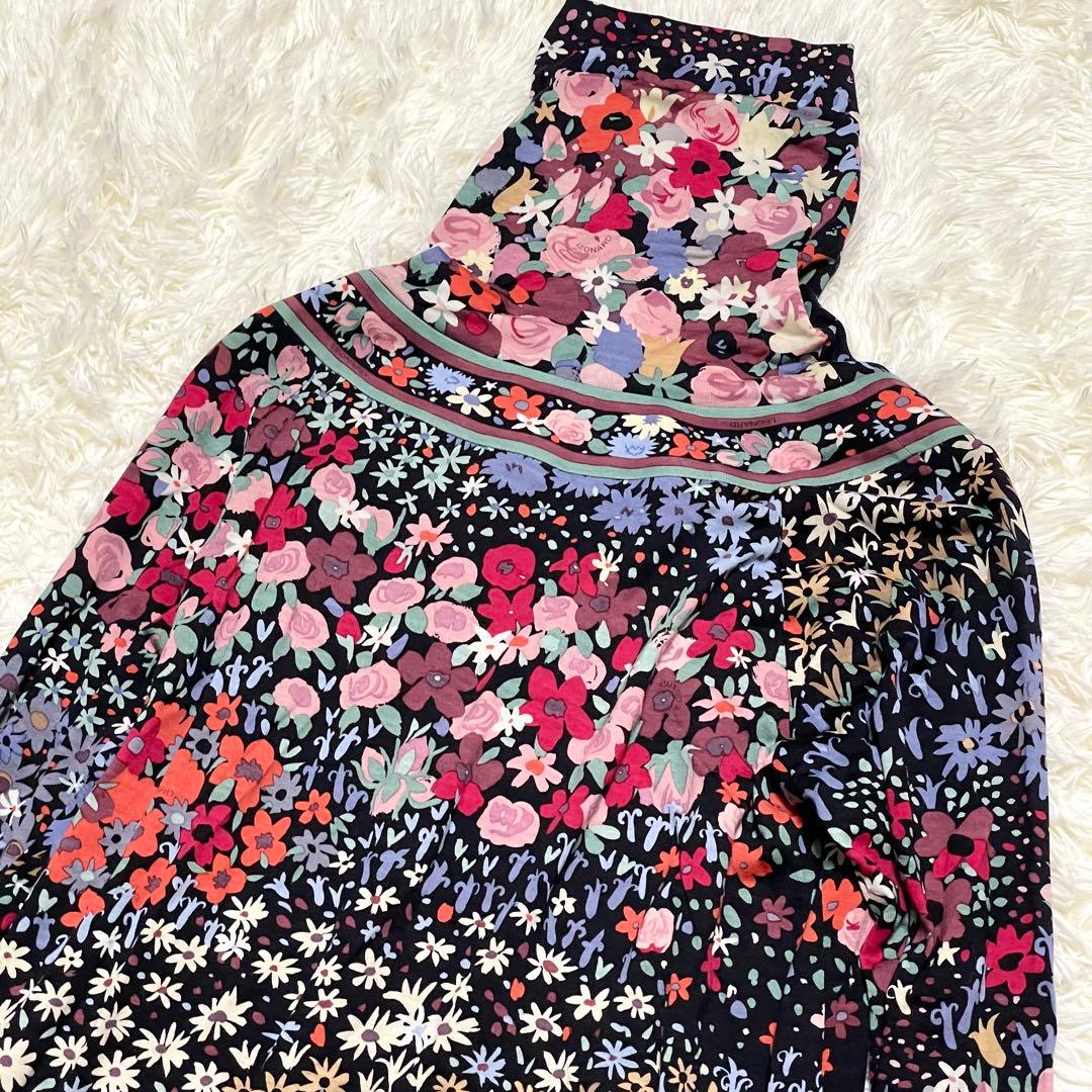 美品 レオナール ロングワンピース 花柄 タートルネック 3 毛 マルチカラー