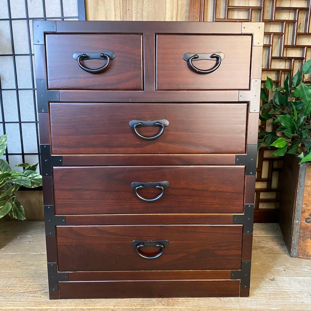 民芸家具和タンス四段五つ引き木製桐材天然無垢収納家具飾り棚和箪笥和室和風