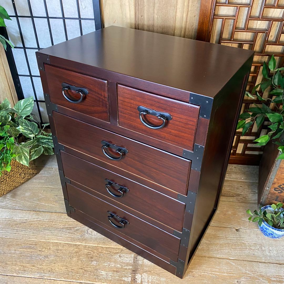 民芸家具和タンス四段五つ引き木製桐材天然無垢収納家具飾り棚和箪笥和室和風