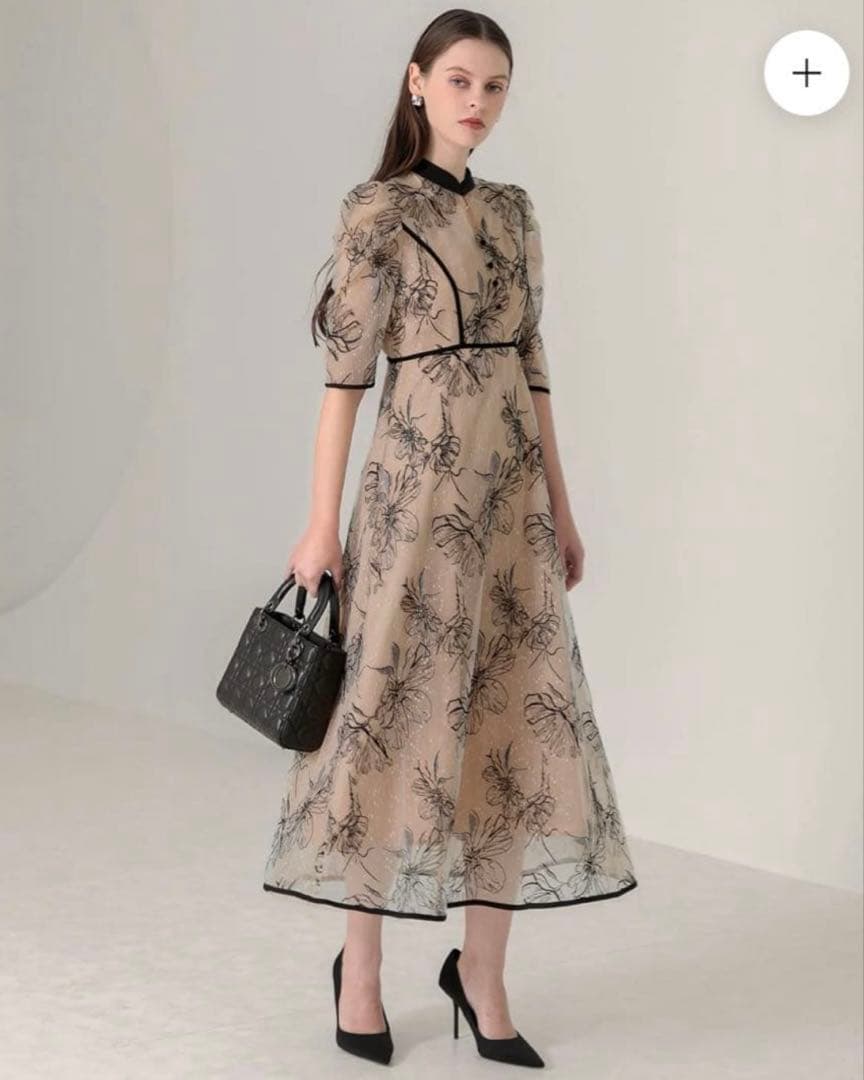 LEJA 配色パイピングプチハイネック花柄刺繍ラメレースロング丈ドレスワンピース