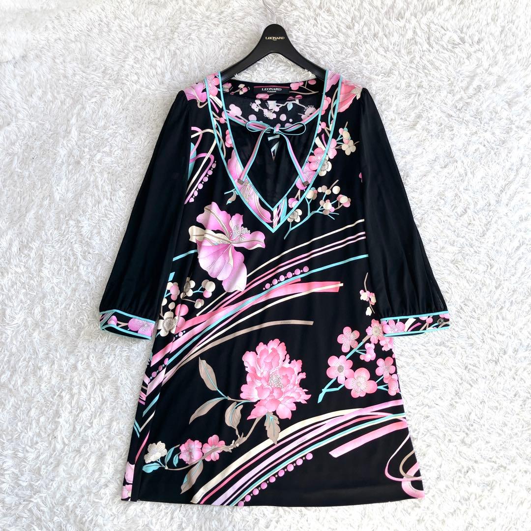 レオナール✨チュニック カンカン カットソー トリム 花 リボン 黒 ピンク M