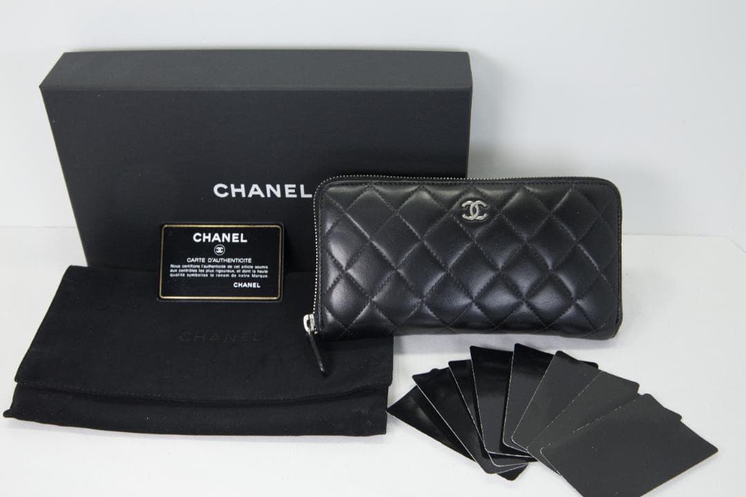 シャネル 長財布 マトラッセ ラウンドファスナー ブラック ラムスキン