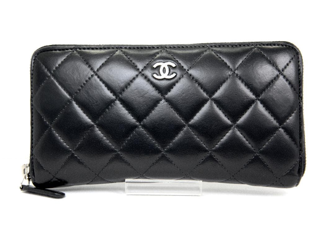 シャネル 長財布 マトラッセ ラウンドファスナー ブラック ラムスキン