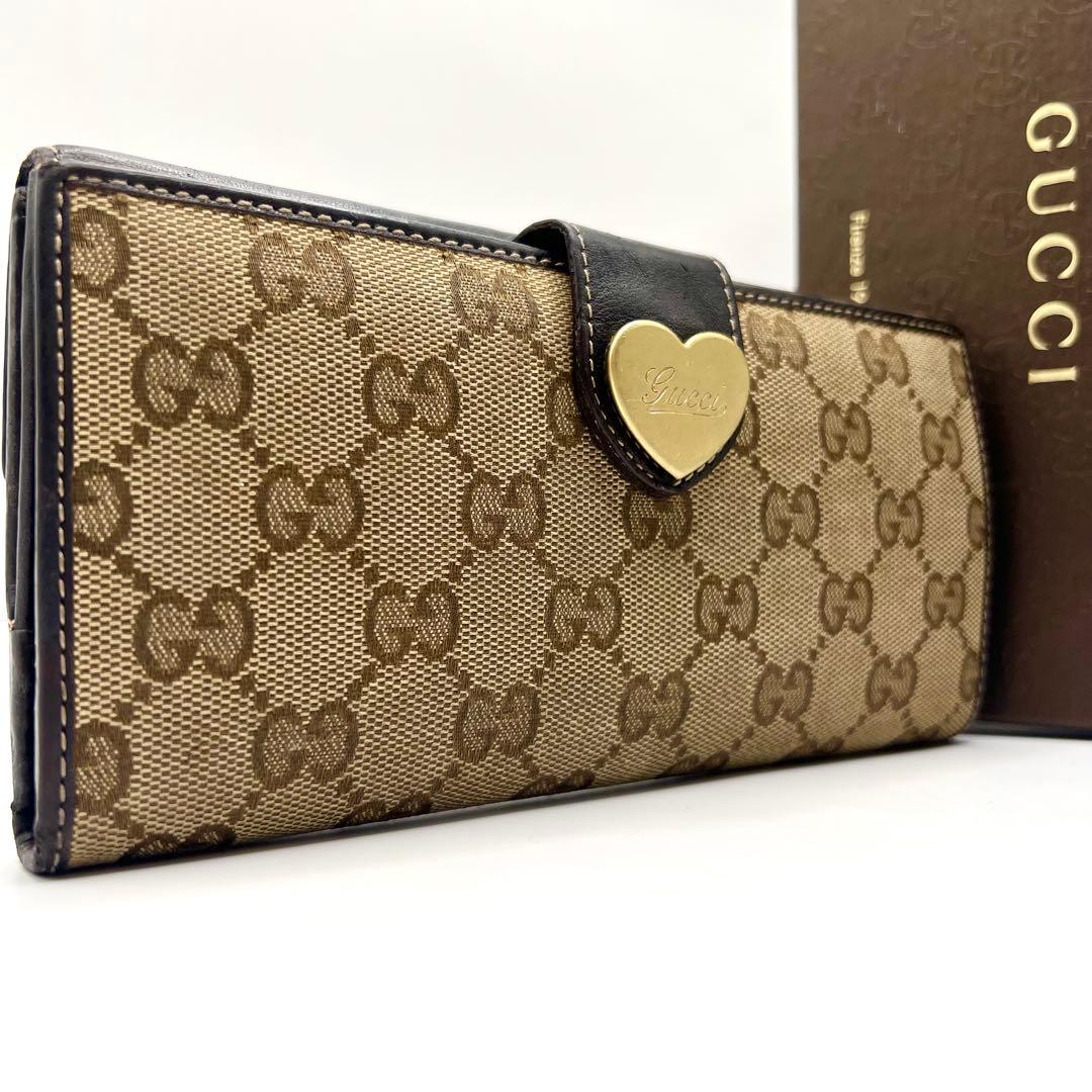 極美品✨GUCCI ラブリーハート GGキャンバス 長財布 Wホック 濃茶