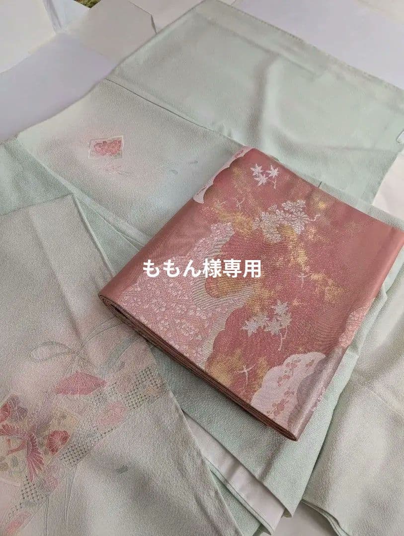 蘇州刺繍　訪問着　袋帯　セット　ぼかし染め　花鳥・宝尽くし　白緑・秘色・乙女色