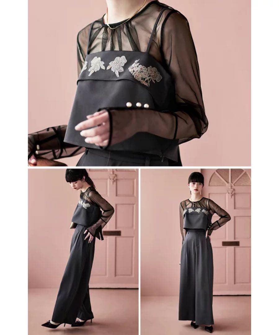 etoll. 3piece刺繍リボンビスチェ＆タックワイドパンツセットアップ