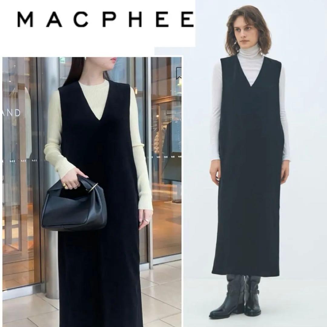 完売 MACPHEE コットンポリエステル ベロア Vネックワンピース