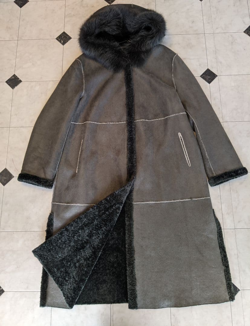 フェイクムートンロングコート フォックスファー付きフード 大きいサイズ 3XL