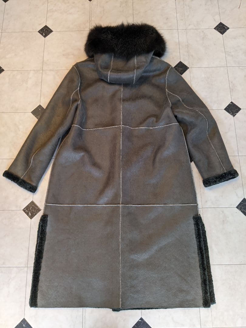 フェイクムートンロングコート フォックスファー付きフード 大きいサイズ 3XL