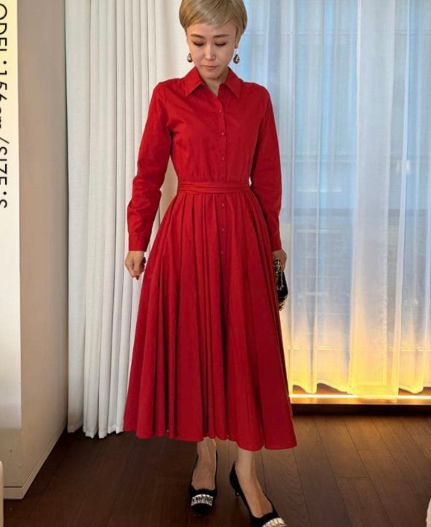 JENNEオードリールックエアリーワンピース長袖Sレッド定価27500