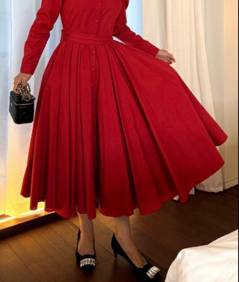 JENNEオードリールックエアリーワンピース長袖Sレッド定価27500