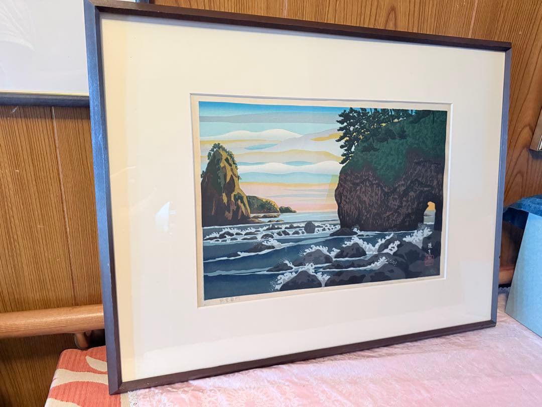 M様へ感謝お嫁入り‼️井堂雅夫 真作木版画加能四景 『能登厳門』額装1点　ケース付