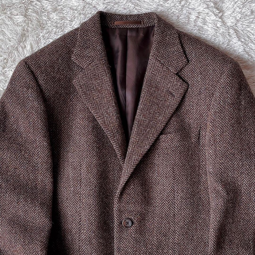 【美品】ハリスツイード テーラードジャケット 茶系ヘリンボーン ウール100％
