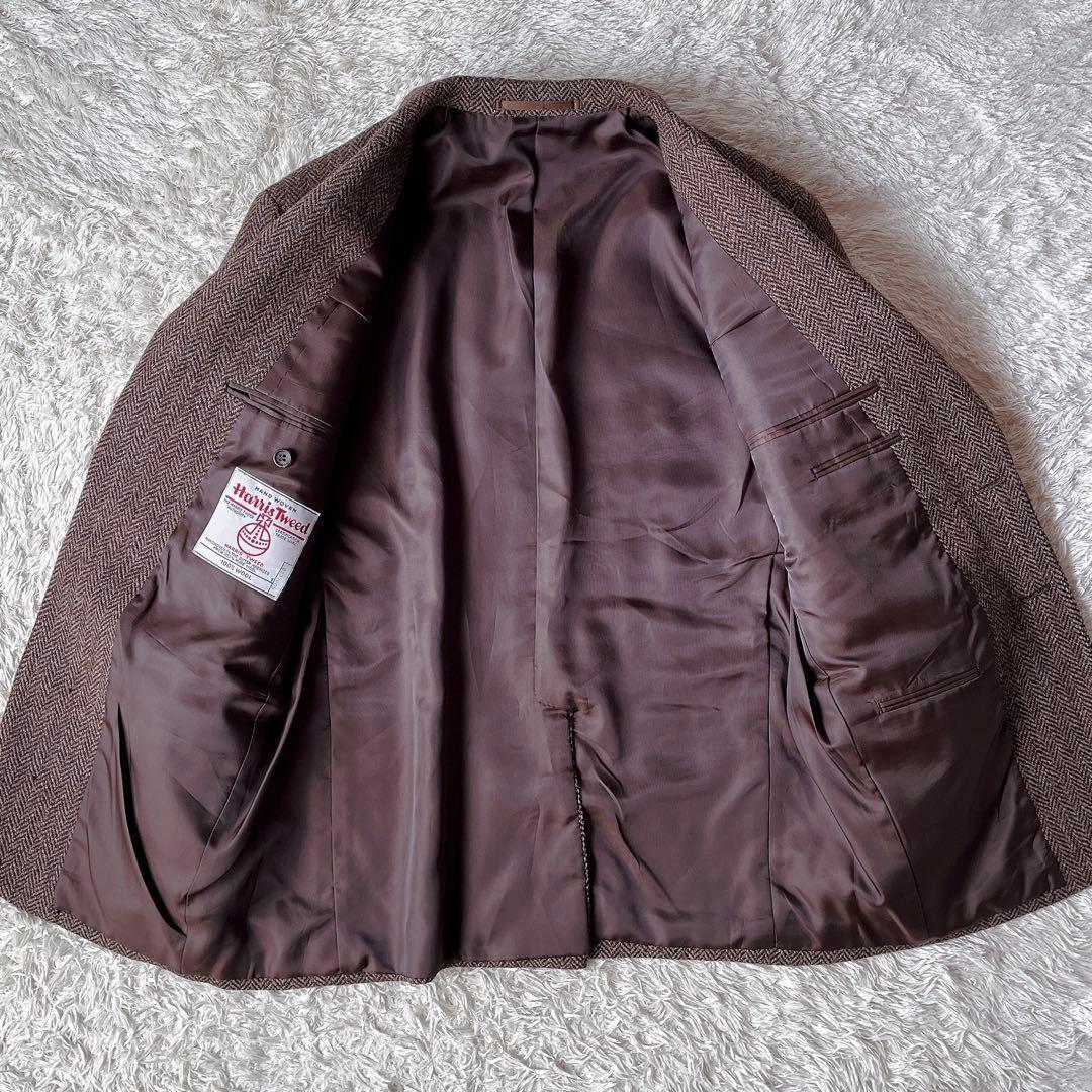 【美品】ハリスツイード テーラードジャケット 茶系ヘリンボーン ウール100％