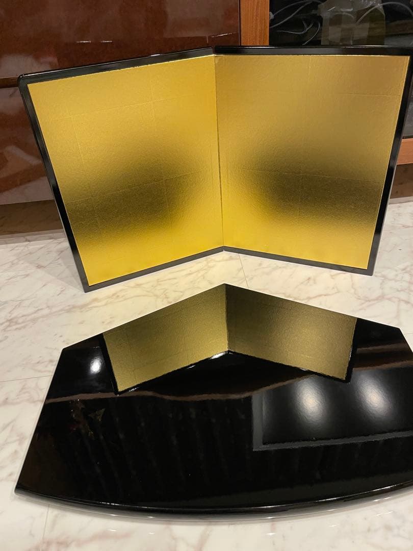 ◉セール！新品　お雛様　端午の節句　黒塗り五角台　黒塗二曲金屏風セット