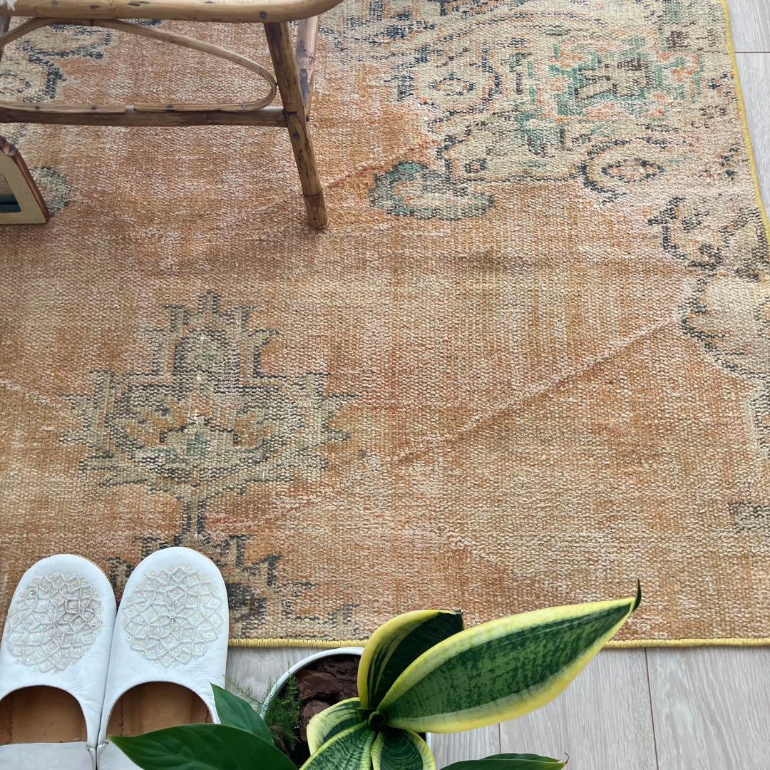 オレンジイエロー80×126グリーン　accentrug トルコヴィンテージラグ