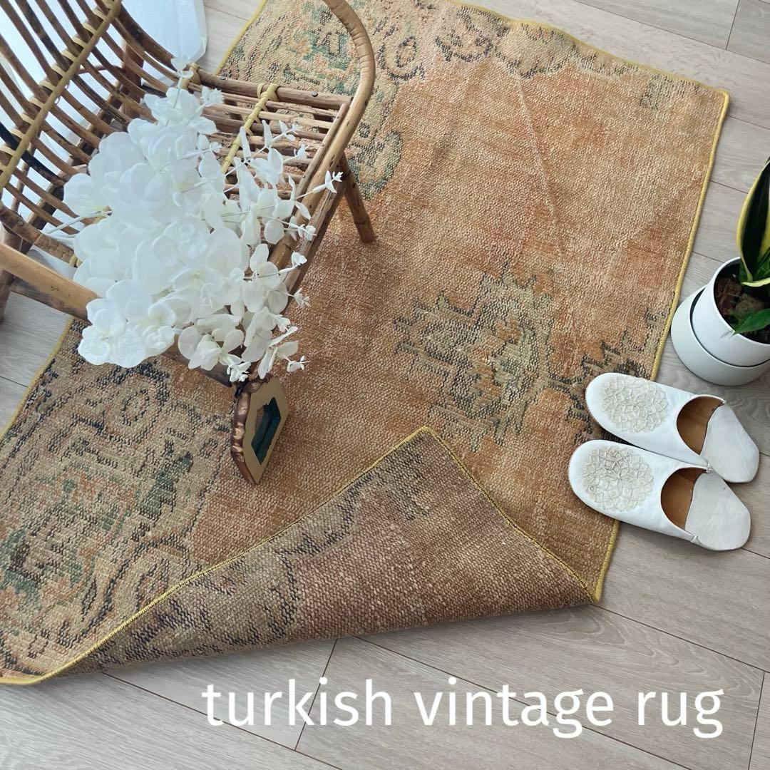 オレンジイエロー80×126グリーン　accentrug トルコヴィンテージラグ