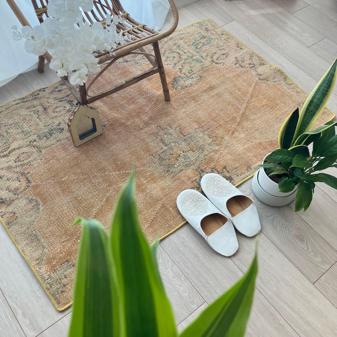 オレンジイエロー80×126グリーン　accentrug トルコヴィンテージラグ