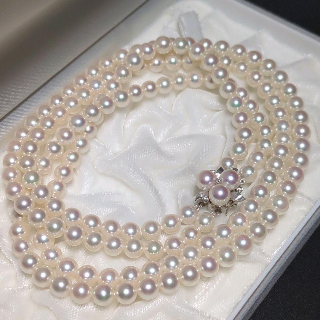 【ミキモト 2連 ダイヤ付】あこや真珠 ネックレス 約6.5-7.0mm 394