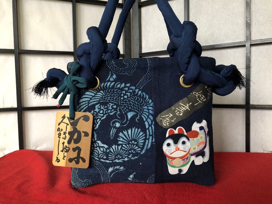 一閑張り　一閑張りバック　本藍染　型染　雪ん子　犬張子　張子犬　狛犬