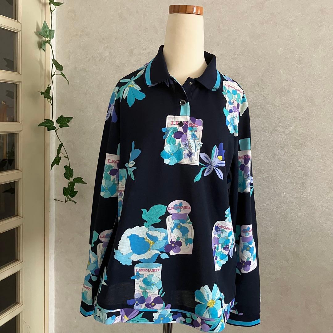 LEONARDネイビー系花柄長袖ポロシャツ