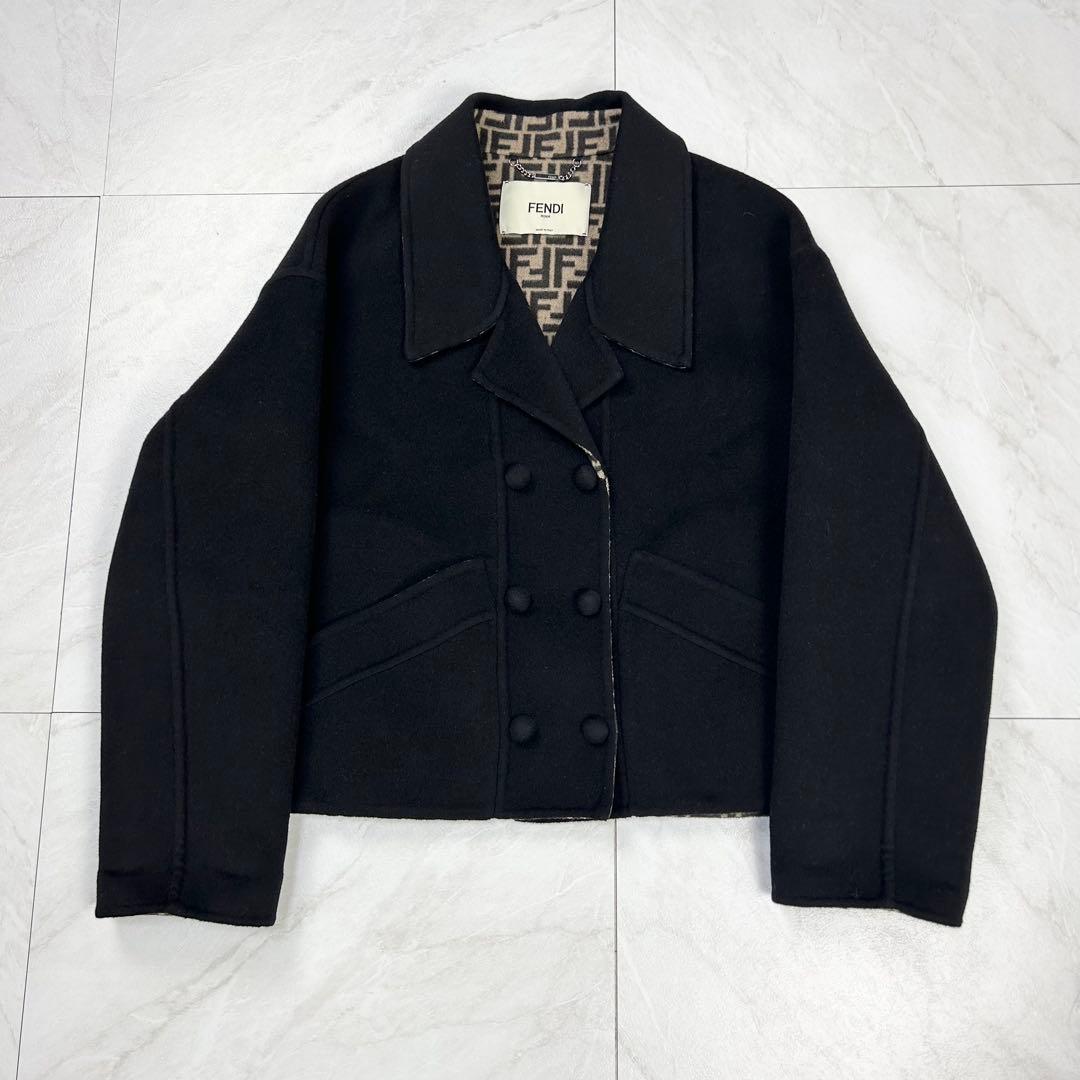 極美品 フェンディ ダブルフェイス ショートコート ウール ズッカ 黒 40