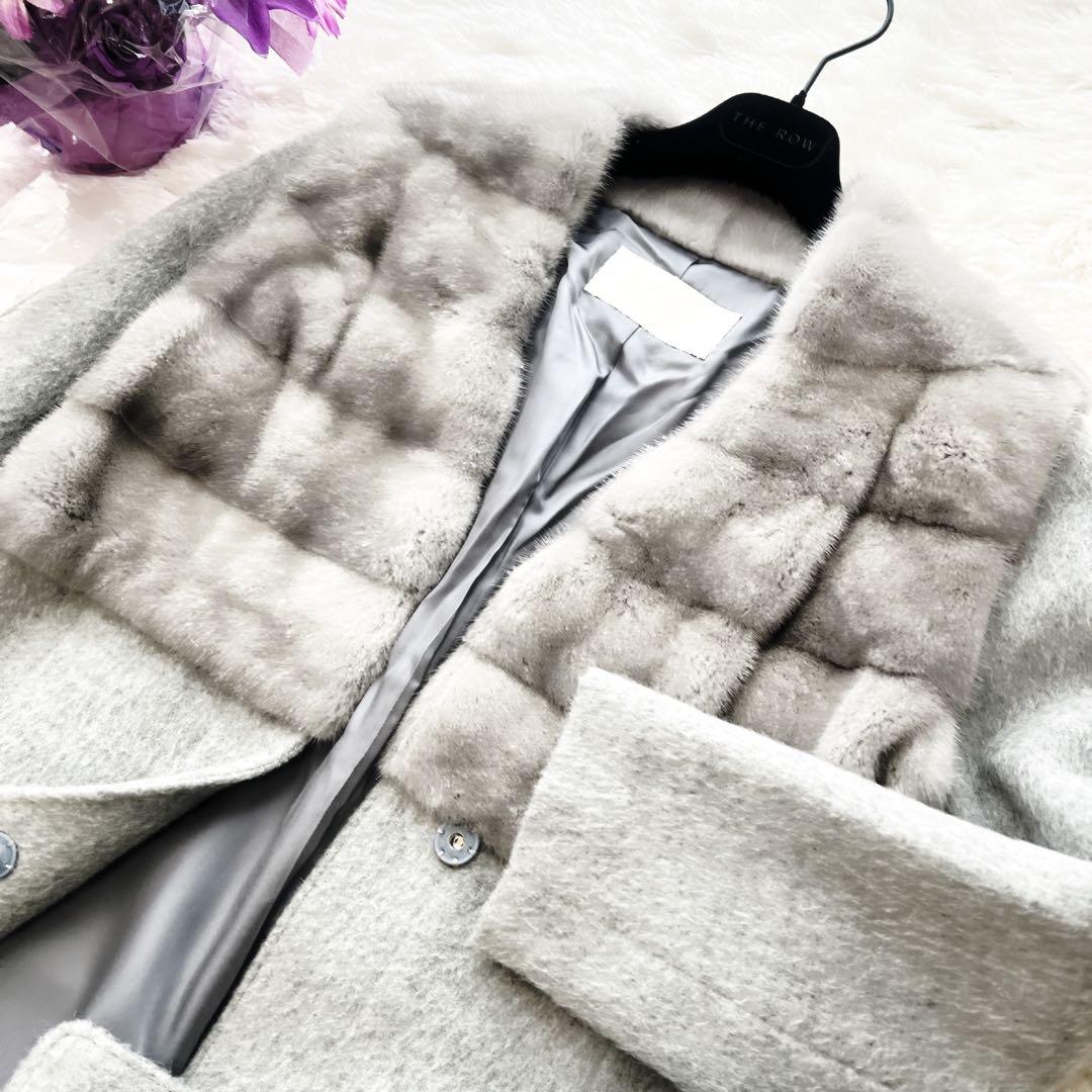 新品　サファイヤミンクファー付き アルパカウールコート グレー 日本製 66万円