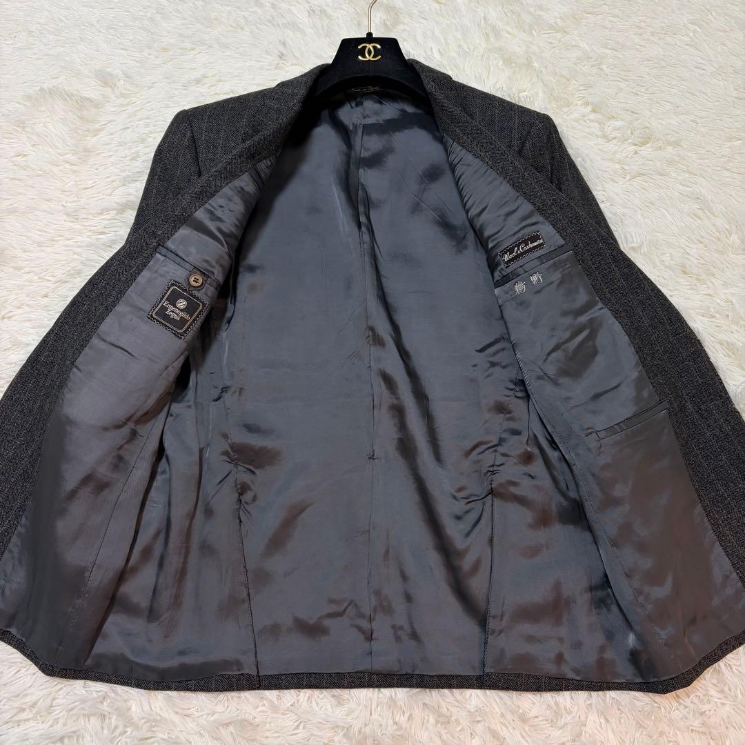 【美品】ゼニア セットアップ カシミヤ混 ヘリンボーン チャコール ストライプ