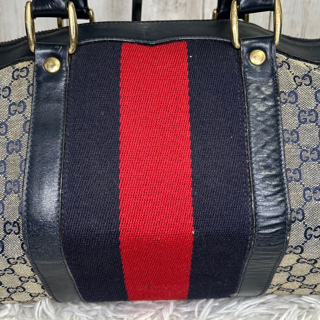 GUCCI GGキャンバス　シェリーライン　ボストンバッグ　ハンドバッグ　紺