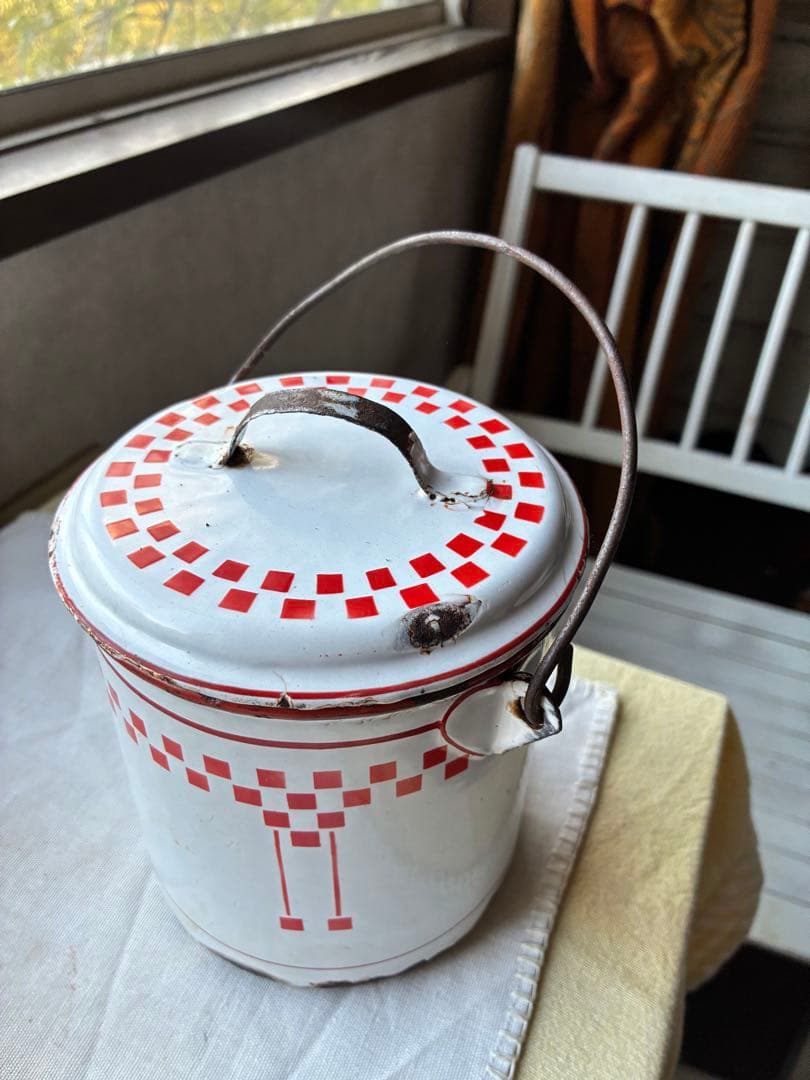 フランス　アンティーク　ホーロー　ストッカー　キャニスター　ダミエ　市松　レア