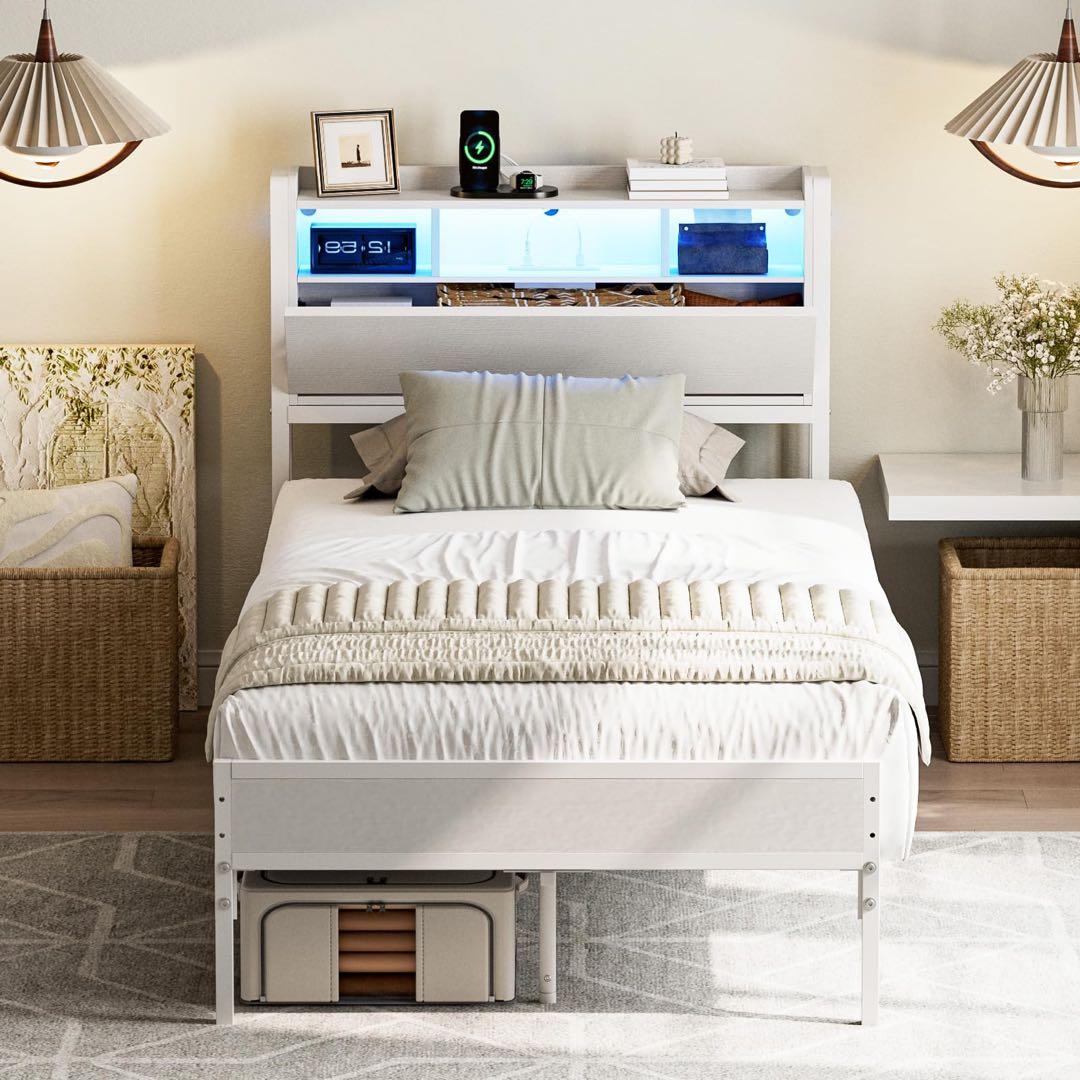 ベッドフレーム シングル 収納宮棚付き パイプベッド コンセント付き