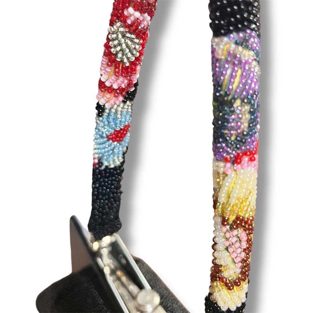 昭和レトロ　ヴィンテージ総ビーズバッグ　 花柄ハンドバッグ 黒がま口