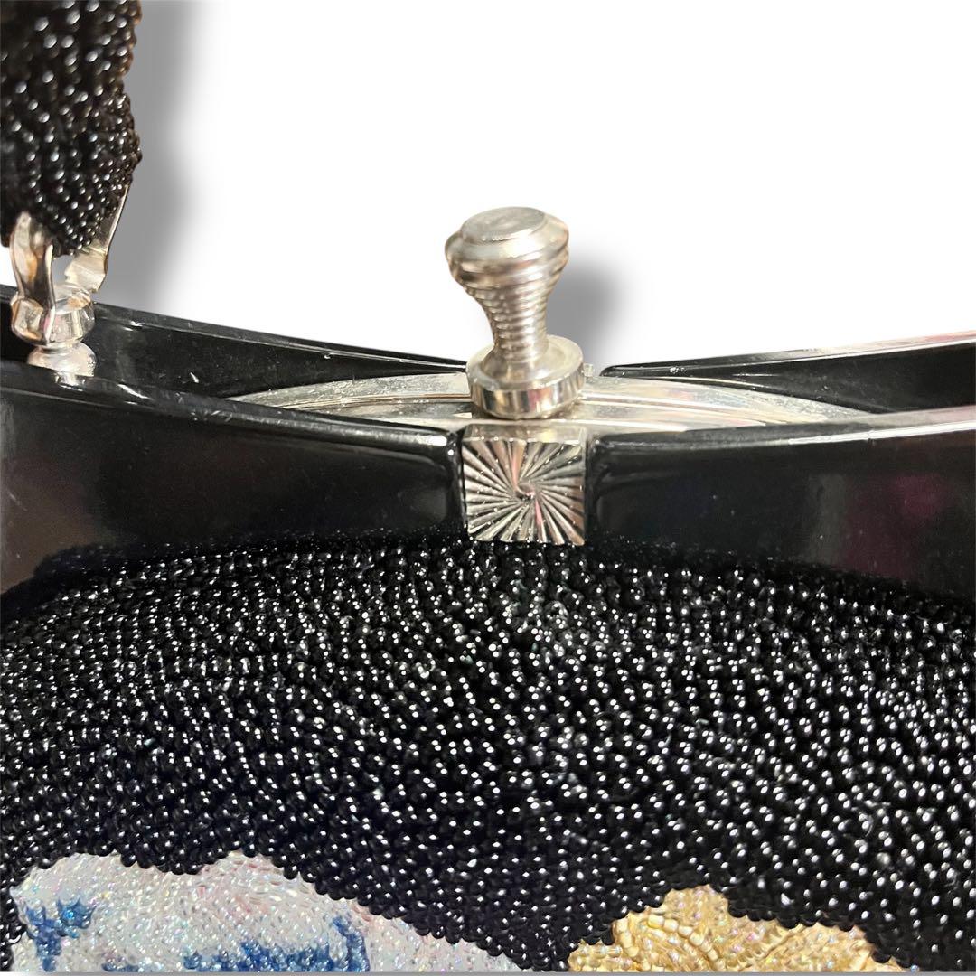 昭和レトロ　ヴィンテージ総ビーズバッグ　 花柄ハンドバッグ 黒がま口