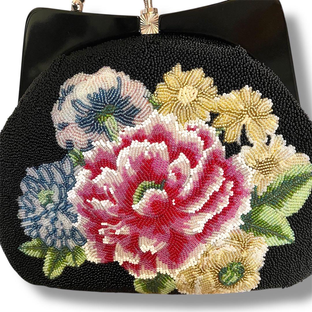 昭和レトロ　ヴィンテージ総ビーズバッグ　 花柄ハンドバッグ 黒がま口