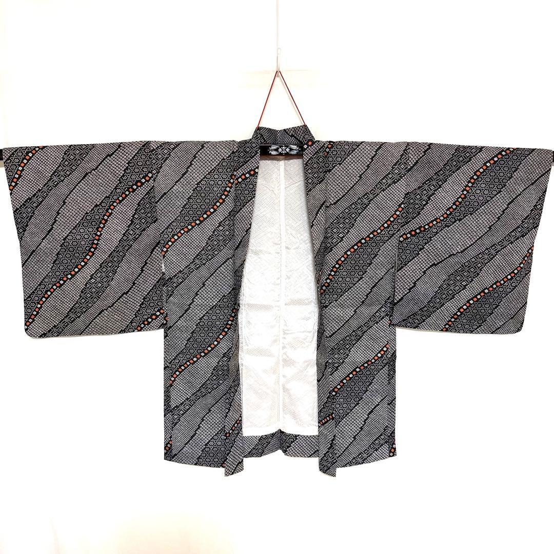 6k15 着物&羽織セット　袷　黒　白　橙色　柄物　和装