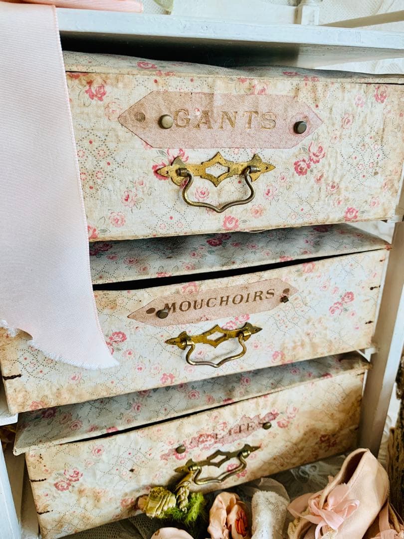 フランスアンティークローズ柄ファブリックカルトナージュドロワー※ピンクラベル