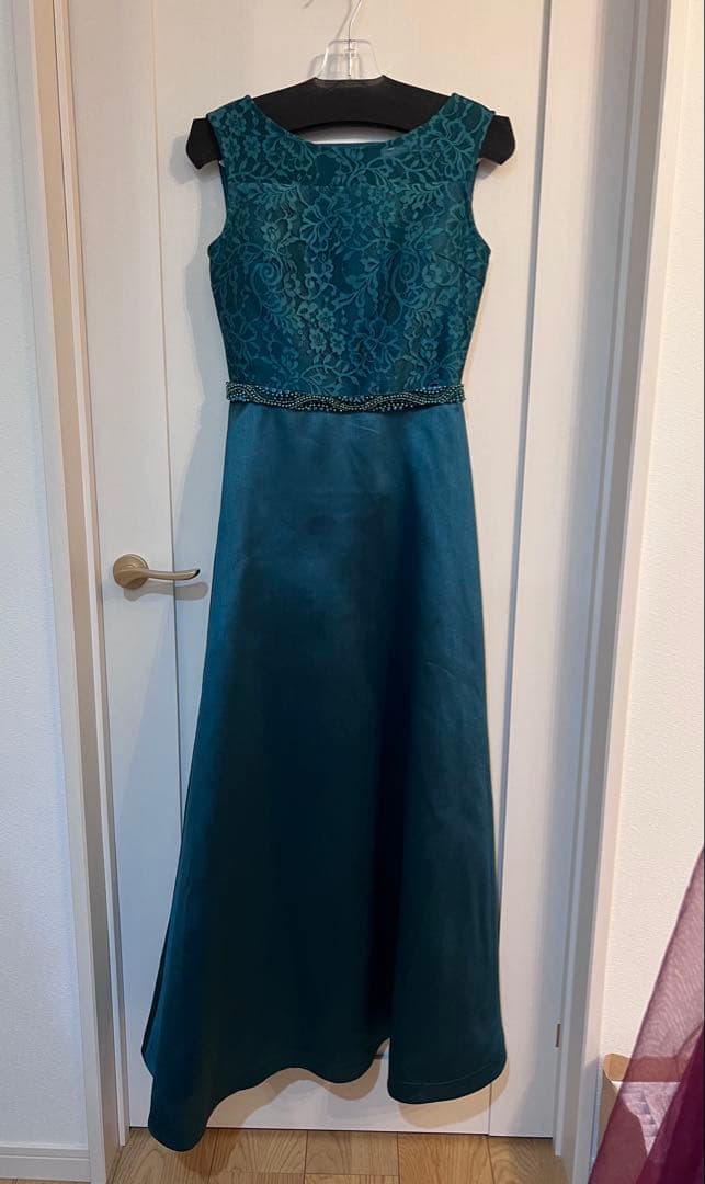 美品 TWEED レース装飾ドレス グリーン 7号 演奏会 発表会 結婚式