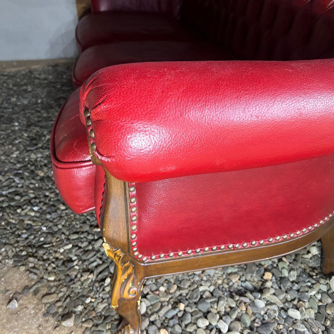 クラシック赤レザー3人掛けソファ