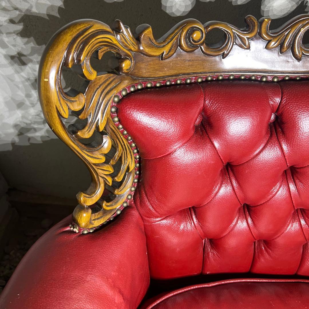 クラシック赤レザー3人掛けソファ