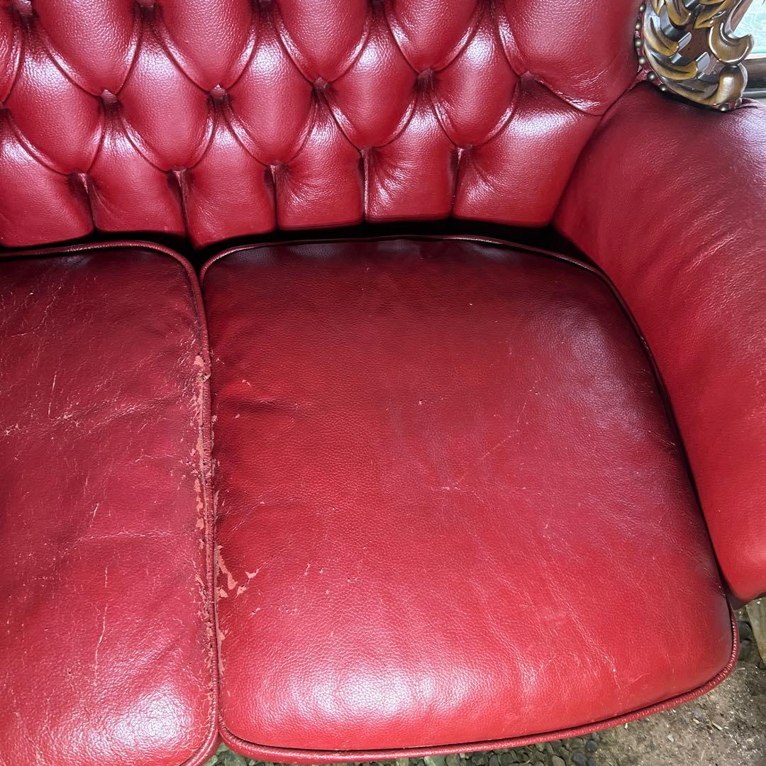 クラシック赤レザー3人掛けソファ