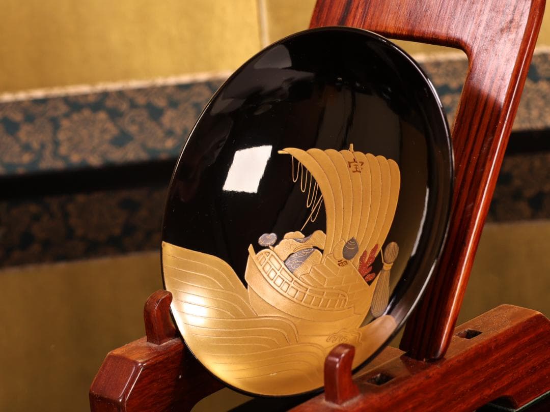 BK407　時代輪島塗　宝船図金蒔絵　波千鳥　吸物椀　1客　木製　茶道具 懐石