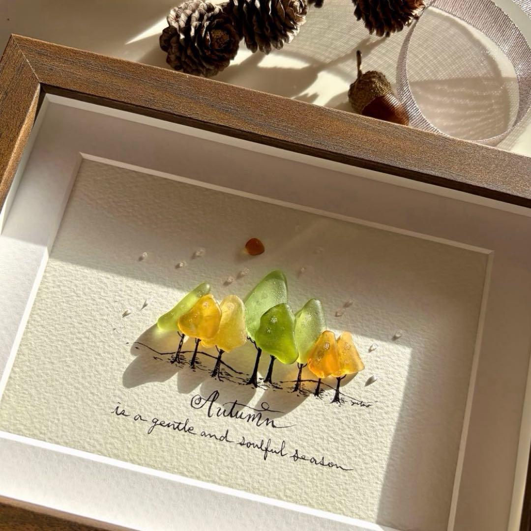 Autumn Forest 秋の森 シーグラス／天然石／フレーム／アート