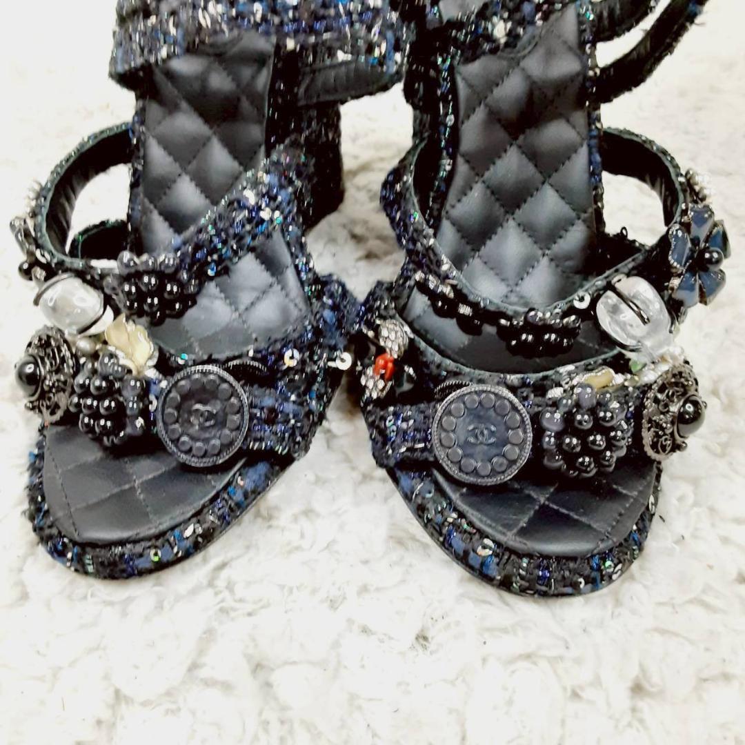 美品 24㎝◎CHANEL シャネル グリポア ツイードサンダル ブラック 黒